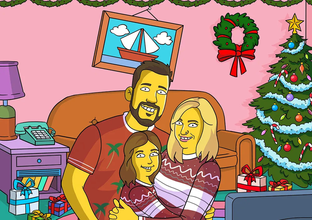 Custom Simpsons portrait of a family celebrating Christmas, capturing a unique, personalized cartoon gift.