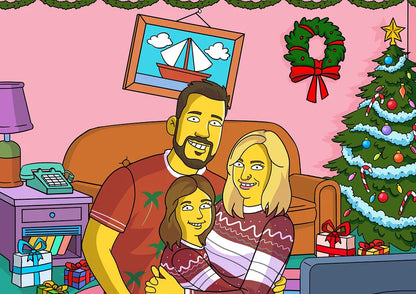 Custom Simpsons portrait of a family celebrating Christmas, capturing a unique, personalized cartoon gift.