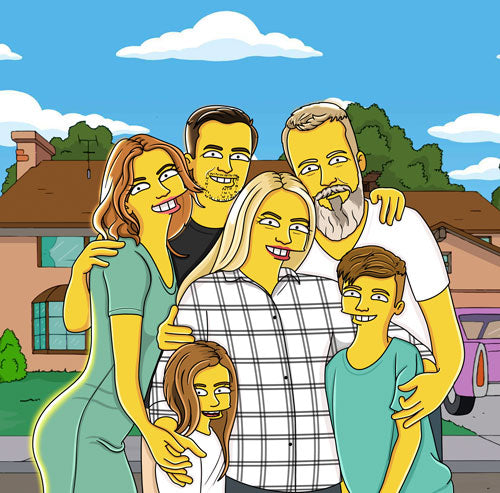 A Simpsons-style family portrait, a fun and unique gift idea. Give the gift of custom art!
