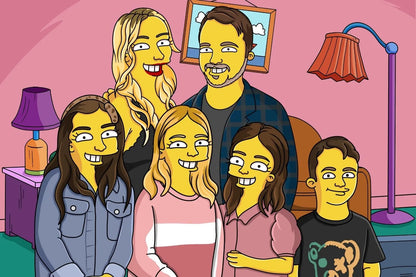 Custom Simpsons portrait of a family of six in their iconic yellow cartoon form. Unique personalized gift idea.