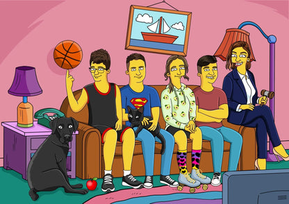 Custom Simpsons portrait showcasing a family of five and their pets in a personalized, cartoon living room scene.