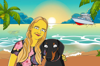 Custom Simpsons portrait of a woman and her dachshund dog enjoying a beach sunset. A unique, personalized gift idea.