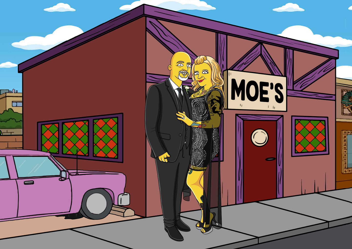 Custom Simpsons portrait: Couple posing outside Moe's Tavern in Springfield, a unique and personalized cartoon caricature
