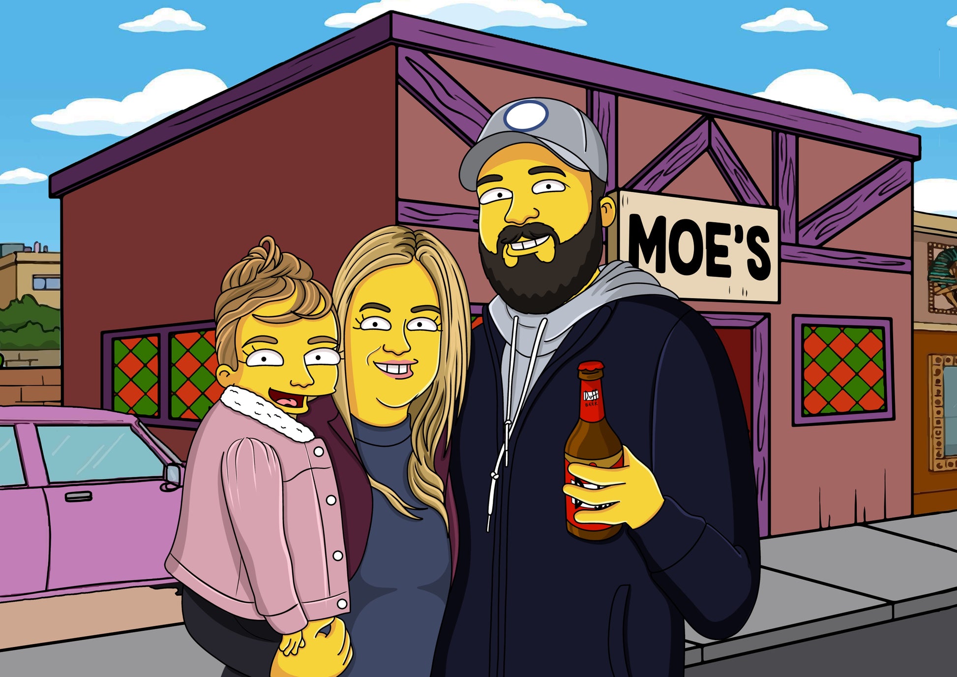 Custom Simpsons portrait: Family depicted outside Moe's Tavern with a Duff beer, humorous gift idea.