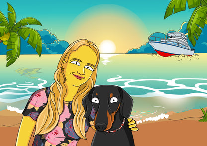 Personalized Simpsons portrait: Woman and dachshund enjoy a tropical vacation. Unique gift idea for pet lovers and fans of