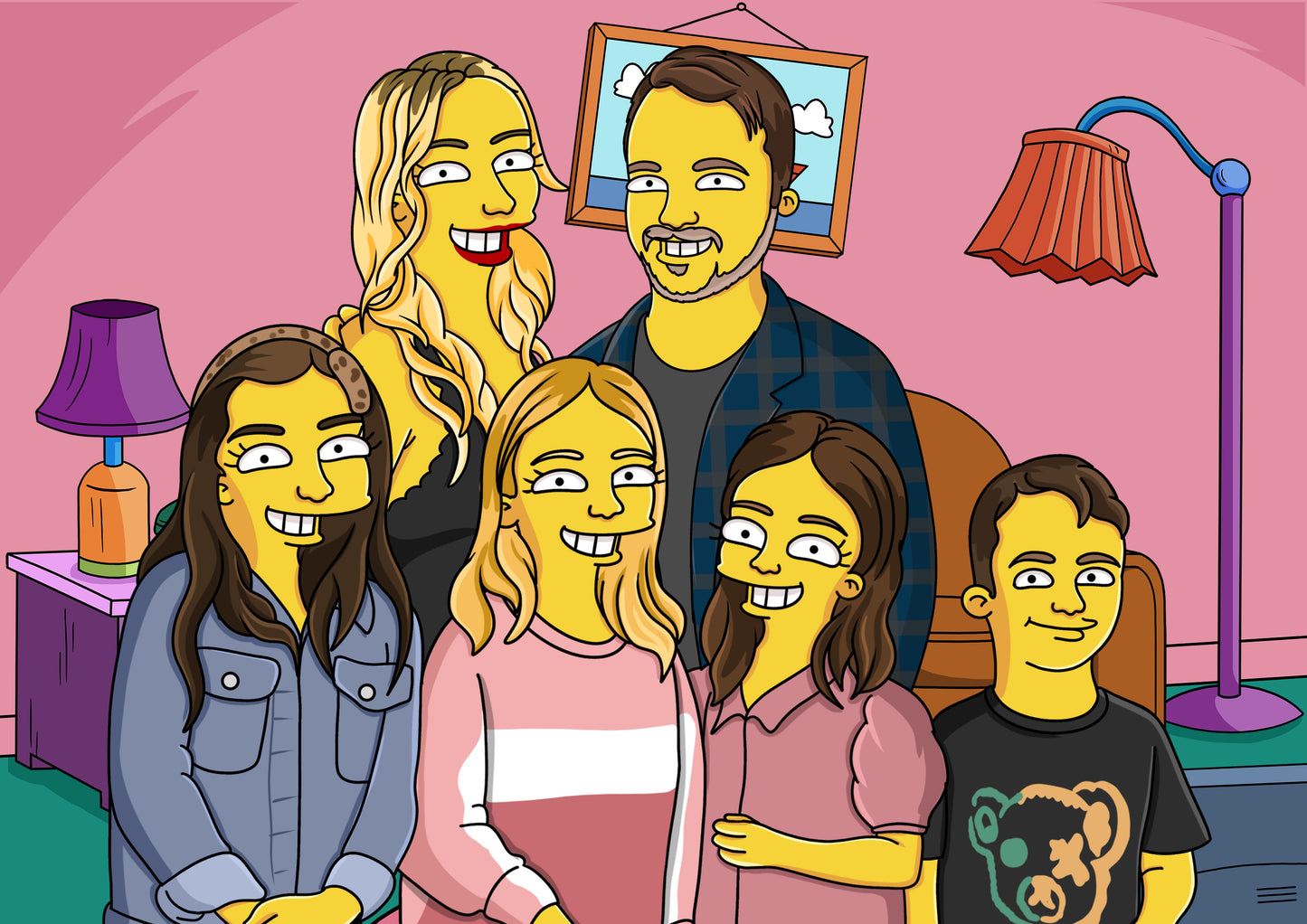 Custom Simpsons portrait of a family of six, a unique cartoon family illustration gift idea.