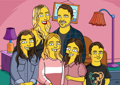 Custom Simpsons portrait of a family of six, a unique cartoon family illustration gift idea.