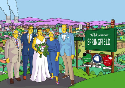 Personalized Simpsons portrait capturing a family's special event in iconic Springfield style. A unique, custom gift idea.