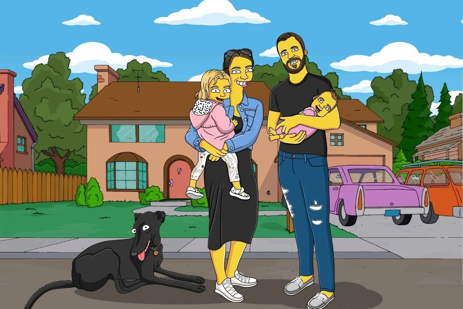Custom Simpsons Portrait featuring a family with two children and a dog outside their house.
