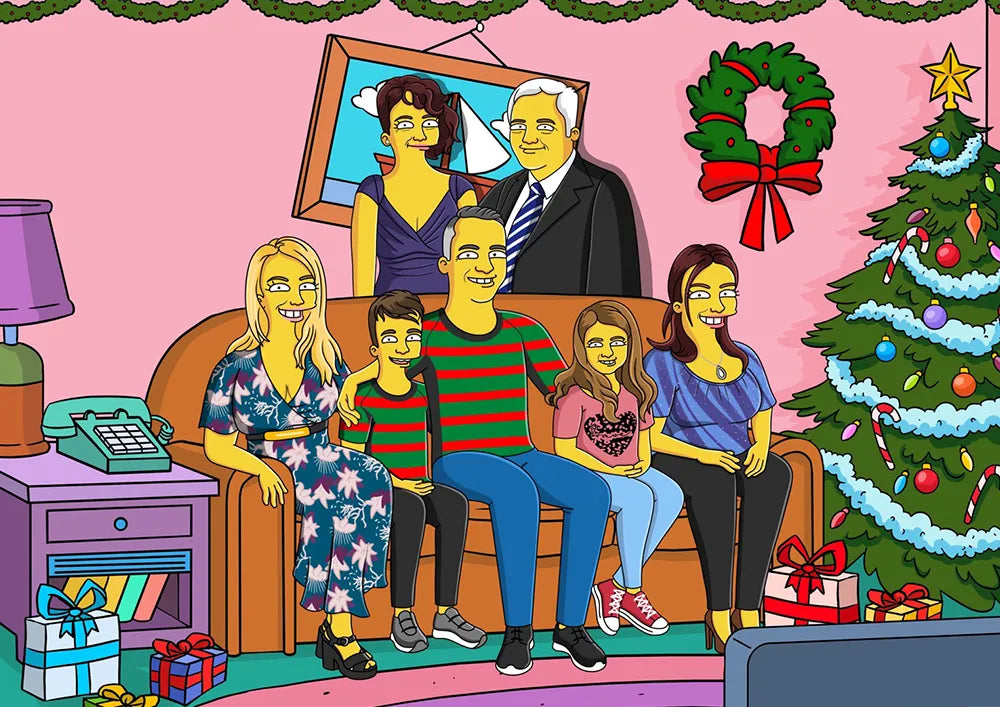 Custom Simpsons Portrait: Family gathered for Christmas, transformed into iconic yellow cartoon characters. Gift for loved