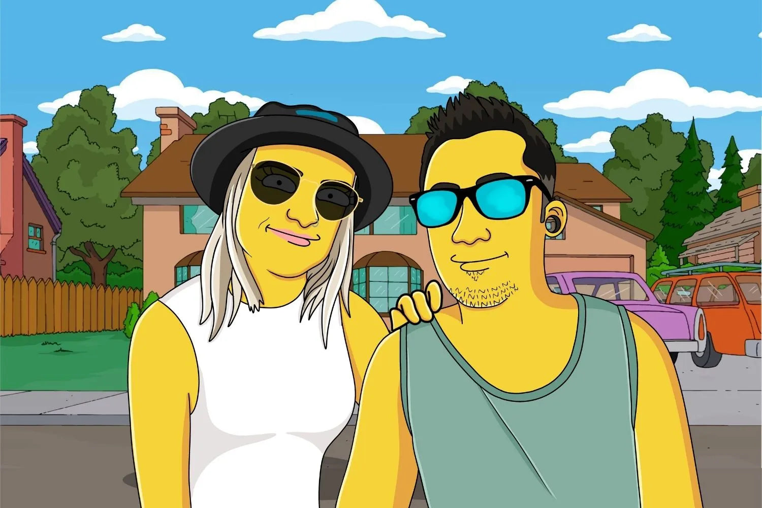 Personalized Simpsons portrait of a couple in front of a Springfield-style home. Unique cartoon family caricature gift idea.