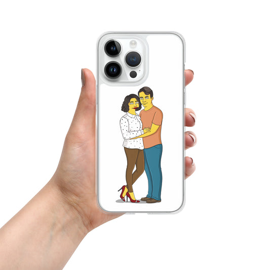 Person holding a custom Simpsons iPhone case with a couple cartoon drawing.