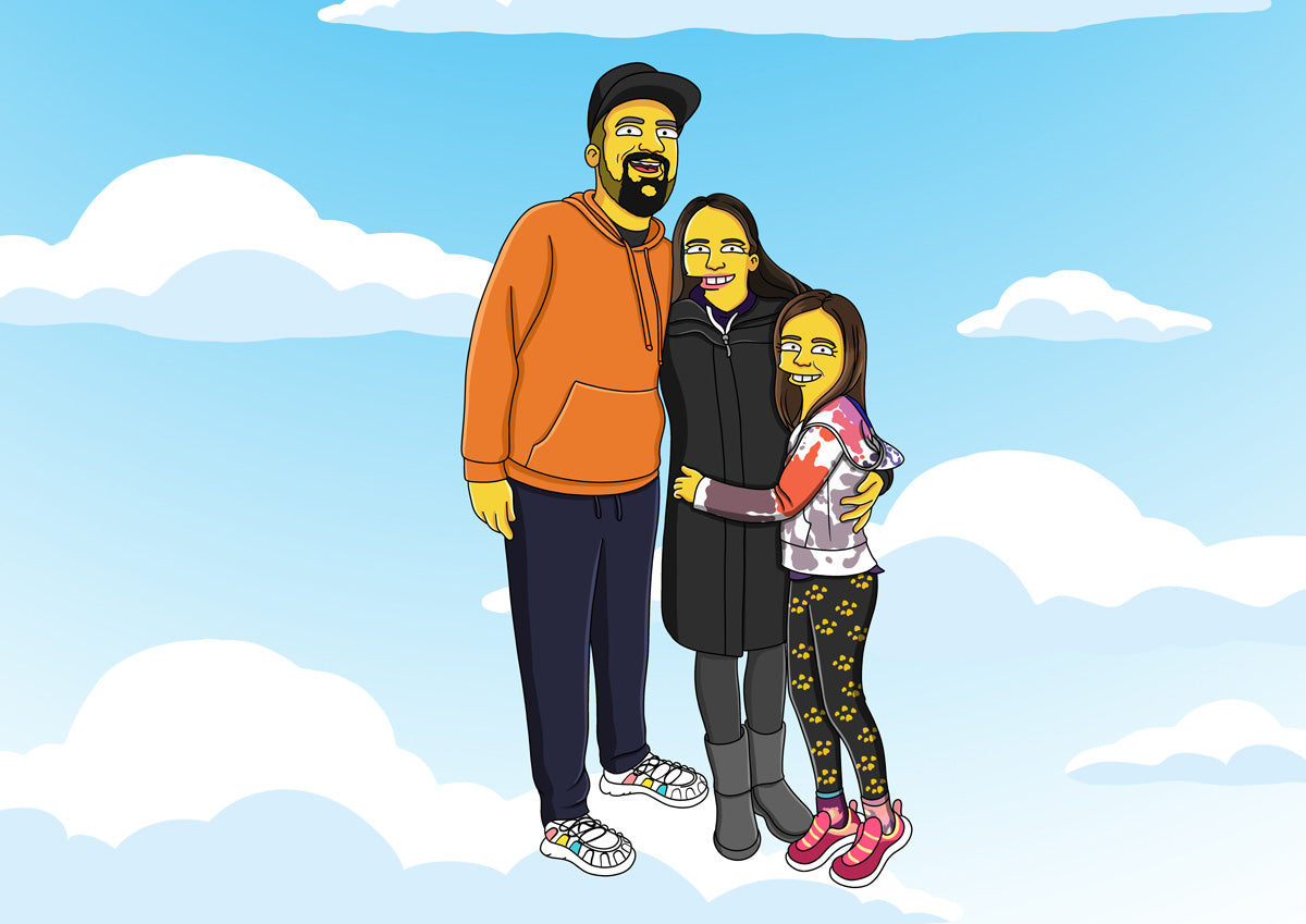 Family portrait, Simpsons style. Unique custom gift, capturing a personalized cartoon illustration.