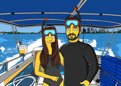 Custom Simpsons portrait: Couple snorkeling on boat, unique personalized family cartoon caricature gift.