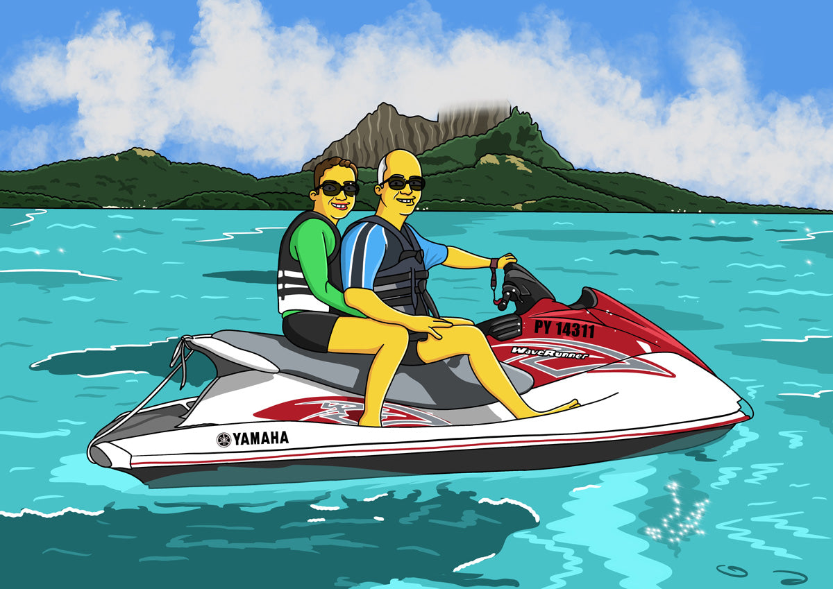 Custom Simpsons Portrait: Two people riding a WaveRunner jet ski in cartoon style, personalized Simpsons family gift idea.