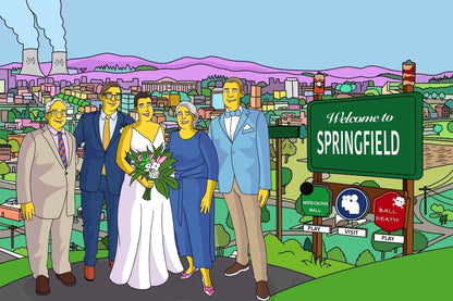 Custom Simpsons portrait featuring a family wedding in Springfield. "Welcome to Springfield" sign with game options.