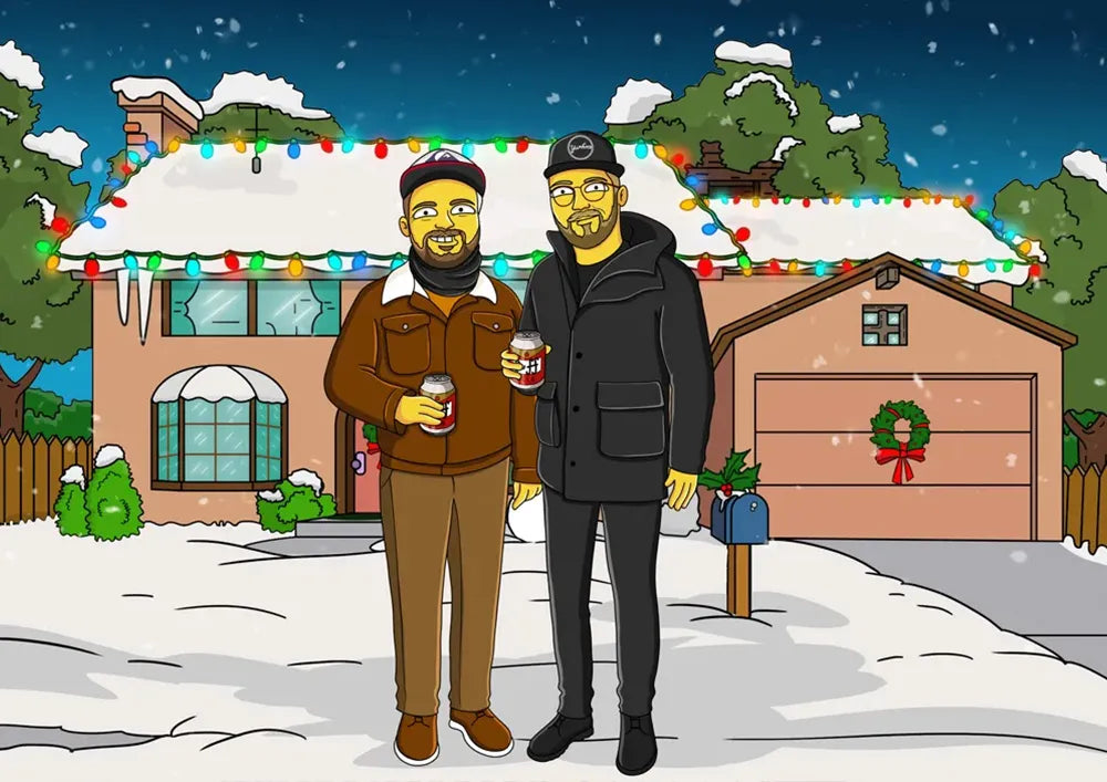 Custom Simpsons Portrait: Two friends in a winter scene by The Simpsons house, holiday lights and snow.