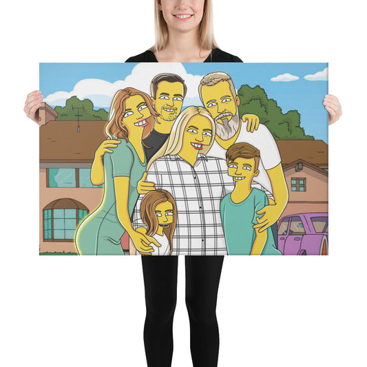 Personalized Simpsons portrait canvas: A family of six reimagined in cartoon form in front of their house.