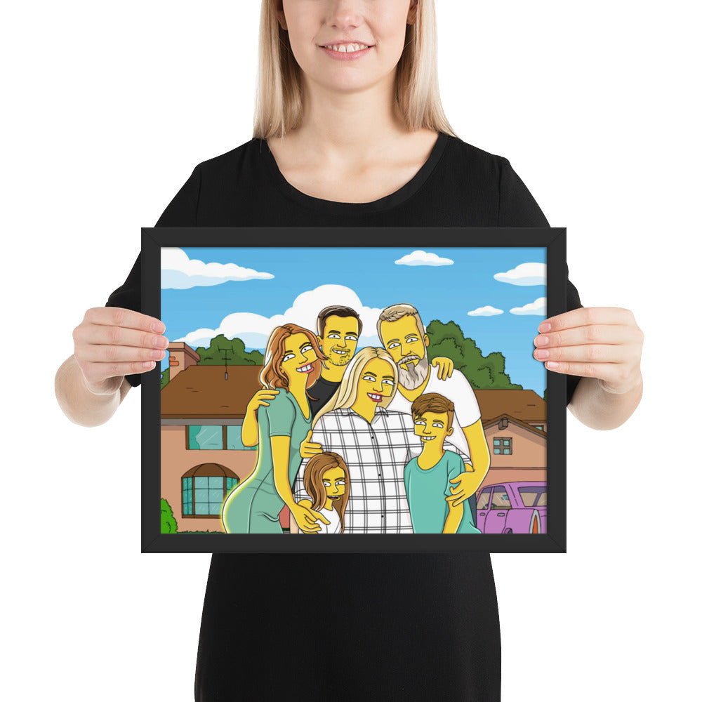 Framed family portrait. Custom cartoon poster, personalized art gift. Unique home decor.