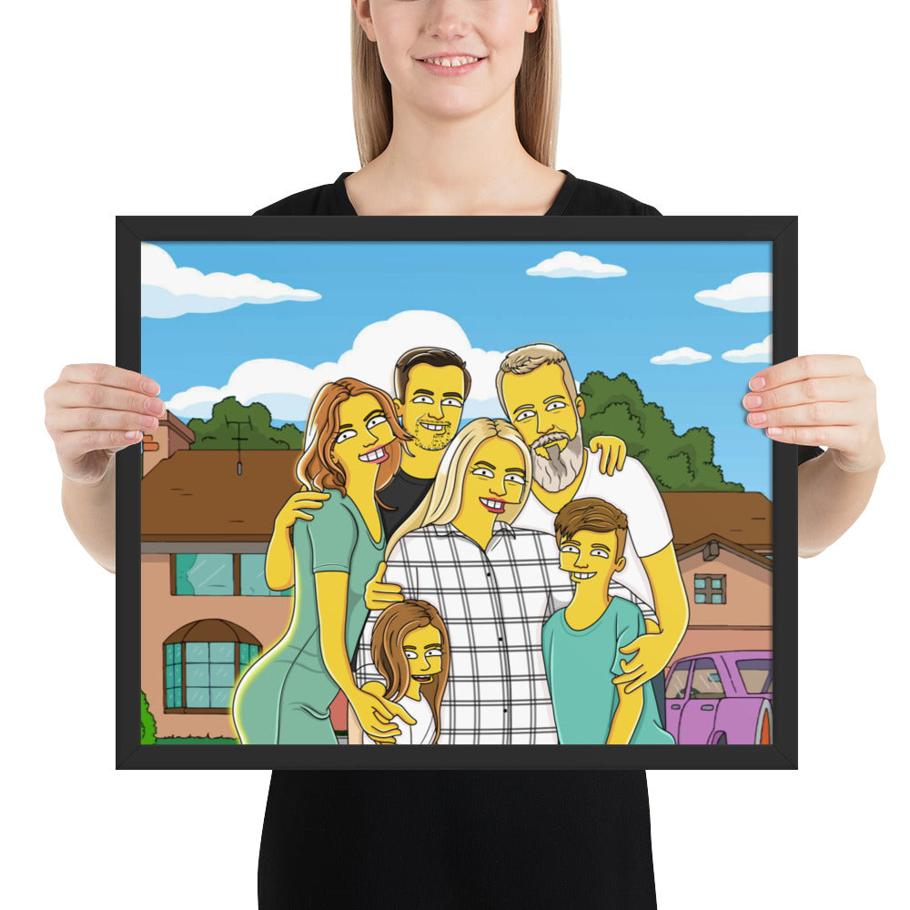 Framed horizontal poster showing a family portrait in a cartoon style, adding a unique touch to home decor.