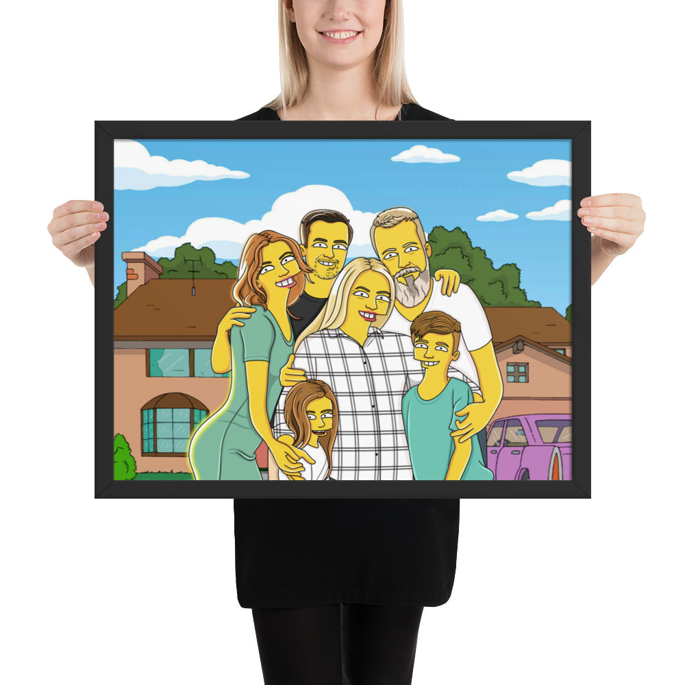Framed Simpsons-style family portrait poster. A unique gift showcasing a fun, personalized family illustration.