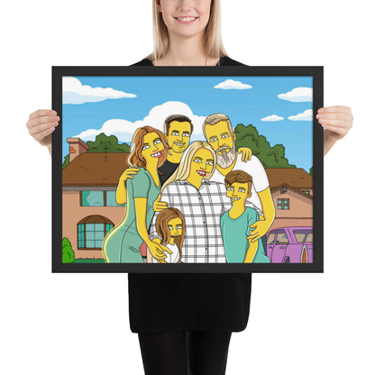 Framed Simpsons-style family portrait poster. A unique gift showcasing a fun, personalized family illustration.