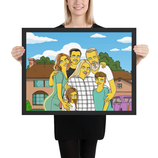 Framed Simpsons-style family portrait poster. A unique gift showcasing a fun, personalized family illustration.