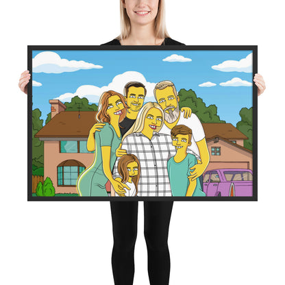 Framed custom Simpsons portrait of a family, a unique personalized gift. Cartoon art for family decor.