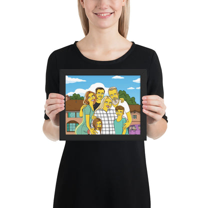 Framed custom family portrait poster displaying a Simpson's-style caricature. Perfect personalized home decor.