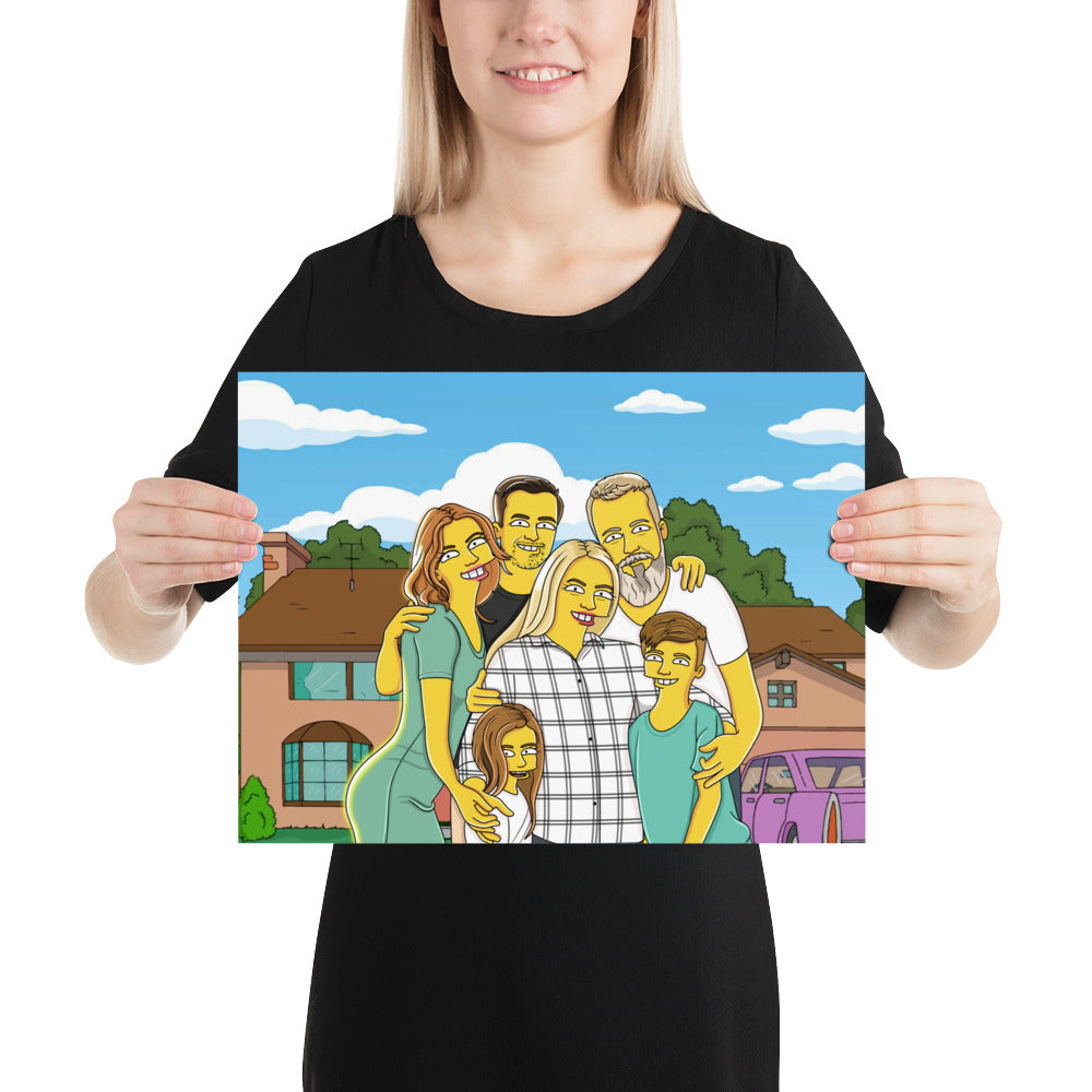 Custom "Simpsons" style family portrait poster. Personalized gift for loved ones, captured in iconic cartoon form.