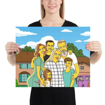 Custom family portrait poster example. Turn your loved ones into Simpsons characters with personalized artwork.