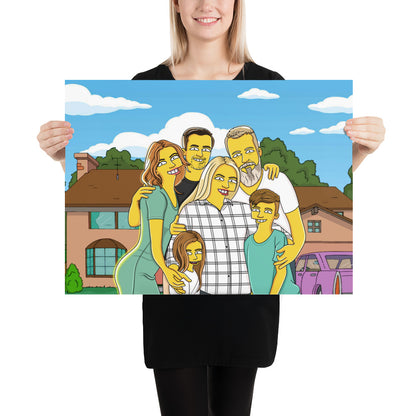 Custom family portrait poster in a Simpsons-style yellow cartoon illustration held by a woman. Unique gift idea.