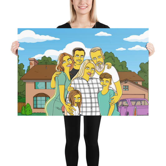 Family portrait illustration on an unframed horizontal poster. Custom yellow-skinned cartoon family art.