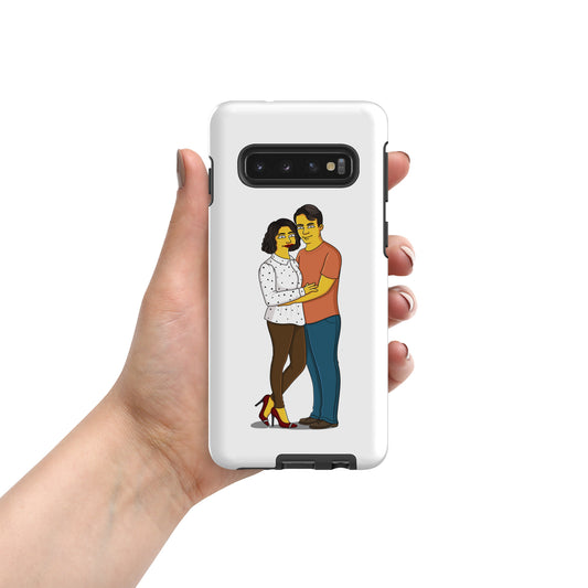 Samsung phone case featuring a custom Simpsons-style caricature couple portrait. Unique phone accessory design.