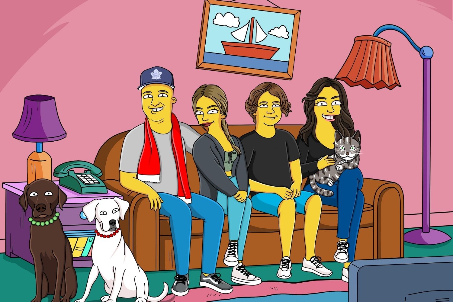 Personalized Simpsons portrait of a family with their dogs and cat on the couch, perfect unique gift.
