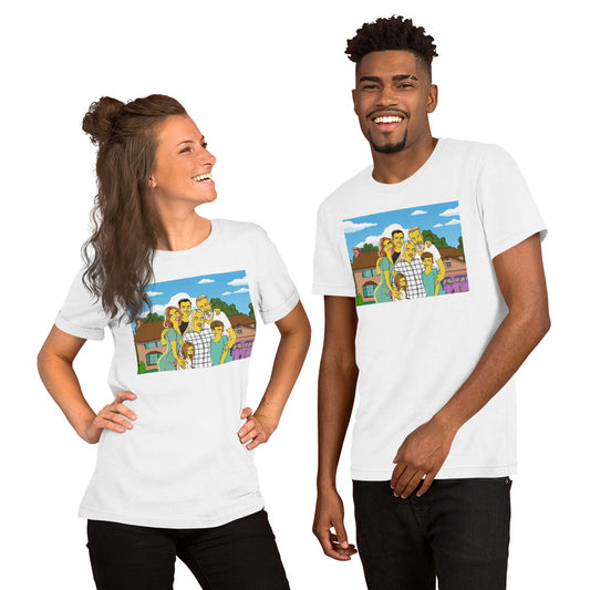 Custom Simpsons T-shirt product shot featuring a couple wearing personalized cartoon family portrait shirts.