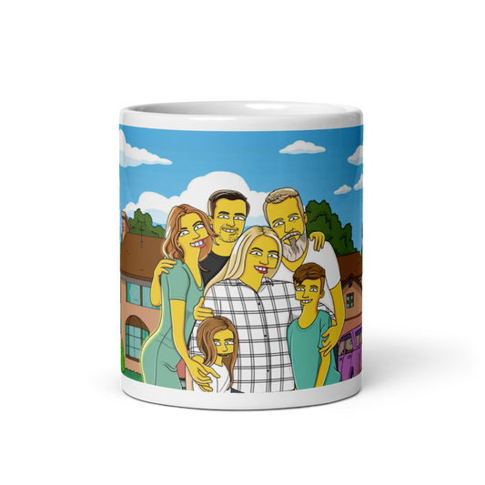 Custom Simpsons Mug showcasing a cartoon family portrait, ideal for a personalized gift. Family in Simpsons style.